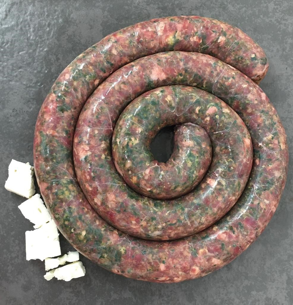 The Long-Awaited Spinach & Feta Boerewors, Award Winning and Delicious! Get them while stocks last!  Simmer me over the Braai fire. Cook me slowly and don't rush me. Taste the rich juicy herbs with every bite.  Amazing Spinach & Feta, that's what we eat. Will make any South African homesick!  80% Beef, 20% Beef Fat, Natural Hog Casing, Spinach, Feta